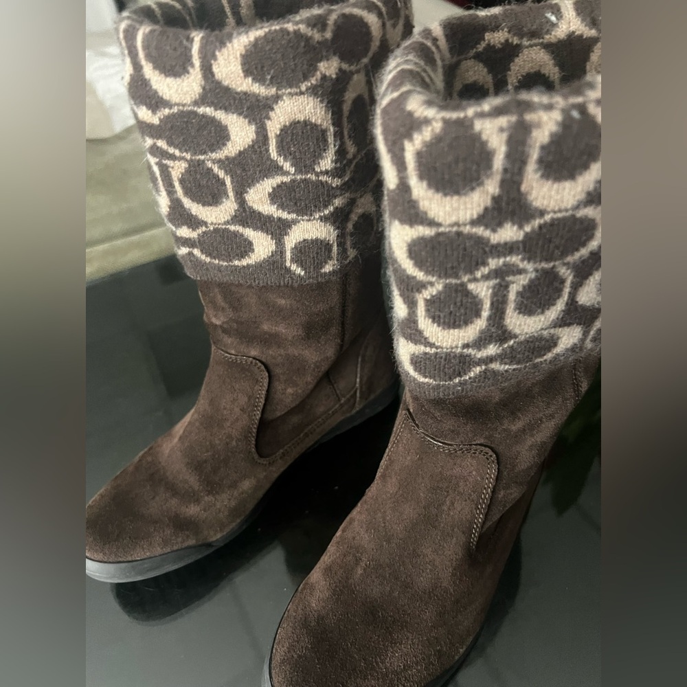 Coach Tatum Brown Suede Ankle Boots with Logo Knit